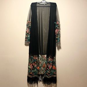 Sheer Embroidered Floral Kimono with Fringe